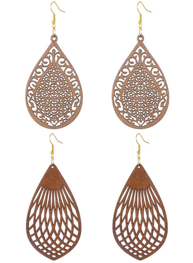 Wovanoo Wood Earrings for Women Natural Wooden Drop Dangle Earring 2 Pairs Lightweight Waterdrop Earring Set Brown - Image 1